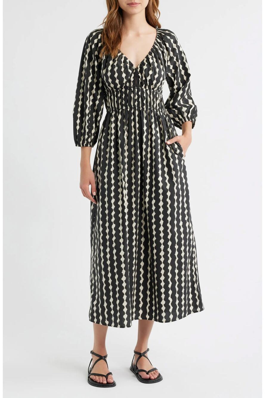 Rails Paio Abstract Print Long Sleeve Cotton Midi Dress Small S